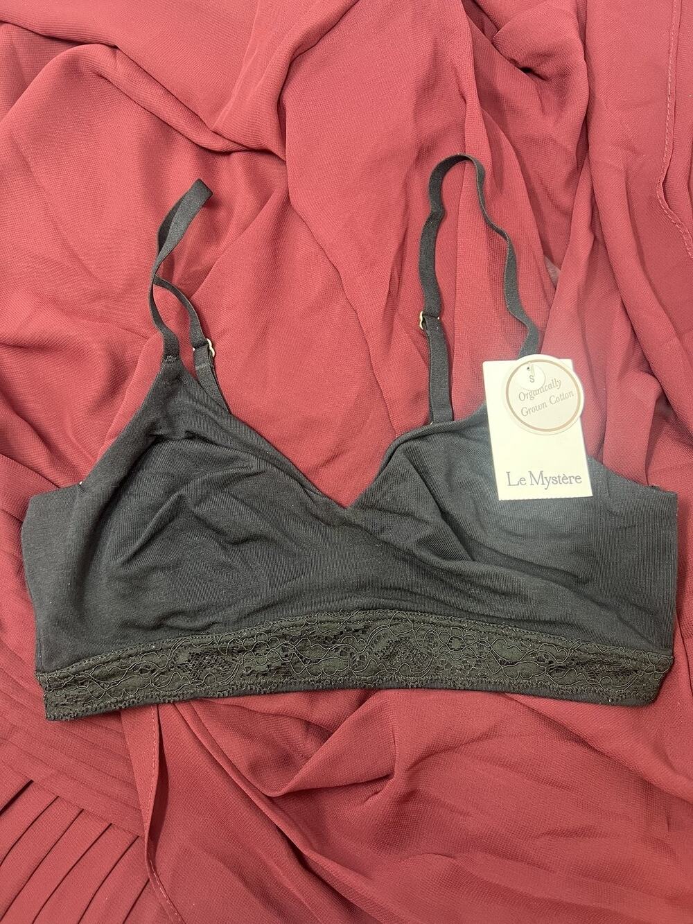 Le Mystere NWT US S Black 8020 Cotton Touch Lounge Bra Wireless Lace Trim